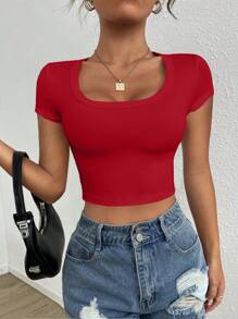 Muchica Solid Color Slim Fit Short Sleeve T-Shirt With Large Round Neck - Red - View 5