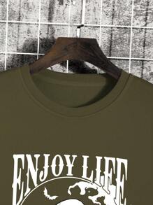 Men'S Slogan Skull Printed Round Neck Sweatshirt - Army Green - View 5