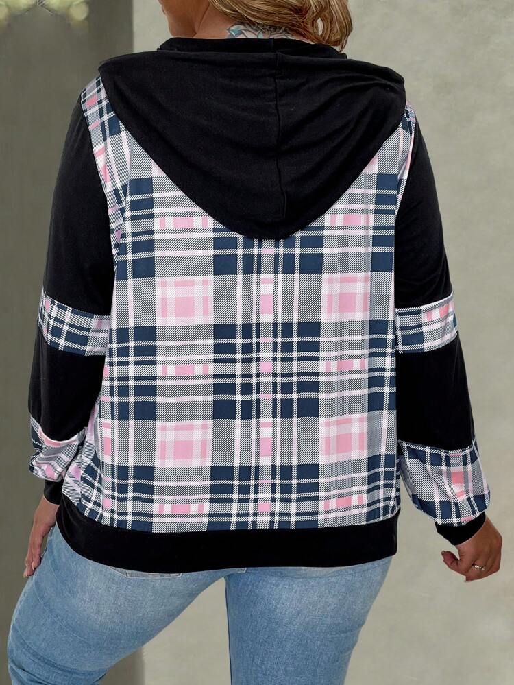 Plus Size Contrast Plaid Print Drawstring Sweatshirt Pullover Fall Sweatshirt