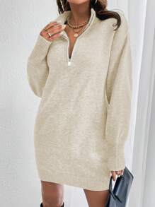 SHEIN Frenchy Một nửa khóa kéo Đứng cổ áo Thả vai Tay áo Đầm Áo len - Màu be - Xem 3