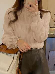 女士纯色荷叶边领长袖宽松衬衫，春秋季 - 杏色 - 查看 5