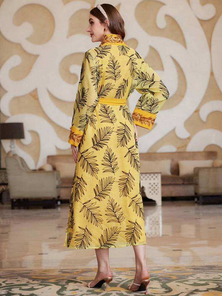 Women'S Floral Printed Sequin Splice Jacket And Dress Set 2 Piece Set Fall Cloth For Women