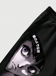 ROMWE MEN Men's Anime Print Shorts Suitable For Daily Wear In Spring And Summer - Black - View 7