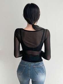 Dazy Designer Của phụ nữ Nhìn xuyên qua Lưới Nối 2 trong1 Áo thun - trắng - Xem 2