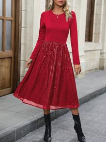 SHEIN Clasi Women's Sparkle Patchwork Dress - Red - View 4