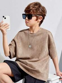 SHEIN Tween Boy Loose Fit Solid Color Suede T-Shirt - Grey - View 1
