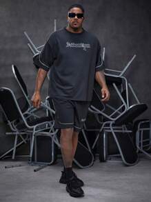Manfinity LEGND Loose Men's Plus Contrast Piping Letter Printed Drop Shoulder T-Shirt And Shorts Two-Piece Set - Black - View 1