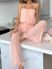 Côtesoire 花卉蕾丝装饰双层网眼吊带上衣和裤子睡衣套装 - 淺粉色 - 查看 3