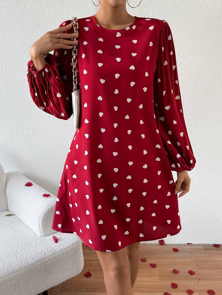 Heart Print Pleated Lantern Sleeve Dress