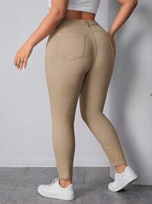 SHEIN ICON 女士大尺碼純色牛仔褲 - 杏色 - 查看 2