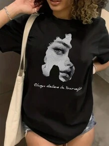 INAWLY 女士人物与口号印花短袖 T 恤永远相信自己图案 T 恤女式上衣 - 黑色 - 查看 1