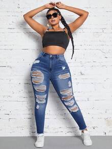 SHEIN SXY Kích thước lớn Của phụ nữ Quần jean rách - Rửa trung bình - Xem 5