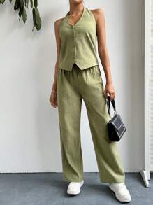 SHEIN Essnce 女性純色露背背心上衣和寬腳褲休閒兩件套裝 - 綠色 - 查看 3