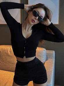 DAZY Women's V-Neck Button Front T-Shirt,Fall Clothes Long Sleeve Women Tops - Black - View 6