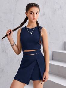 SHEIN Leap Crew Teen Girl Solid Color Top And Wrap Skort Holiday 2pcs/Set - Navy Blue - View 6