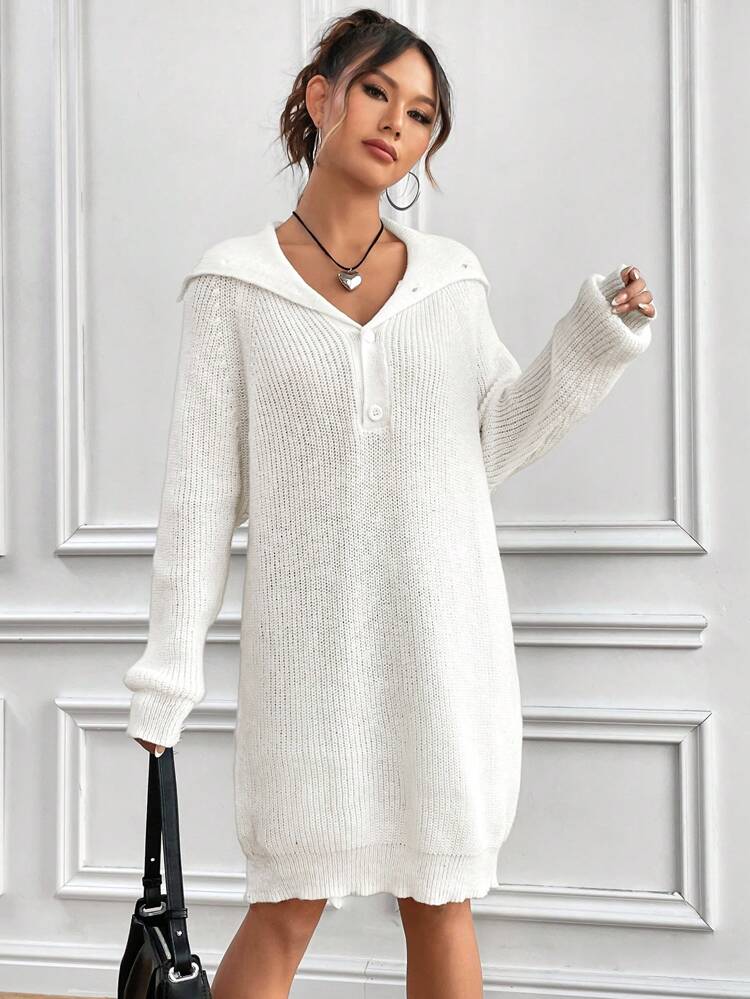 Women's Button Half Placket Long Sleeve Sweater Dress