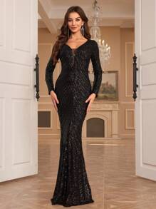 Black Long Sleeve Sequined Evening Dress Elegant Formal Prom Wedding Guest Gown, For Graduation, Dinner Party Dress - Black - View 4