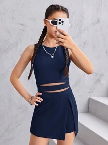 SHEIN Leap Crew Teen Girl Solid Color Top And Wrap Skort Holiday 2pcs/Set - Navy Blue - View 1