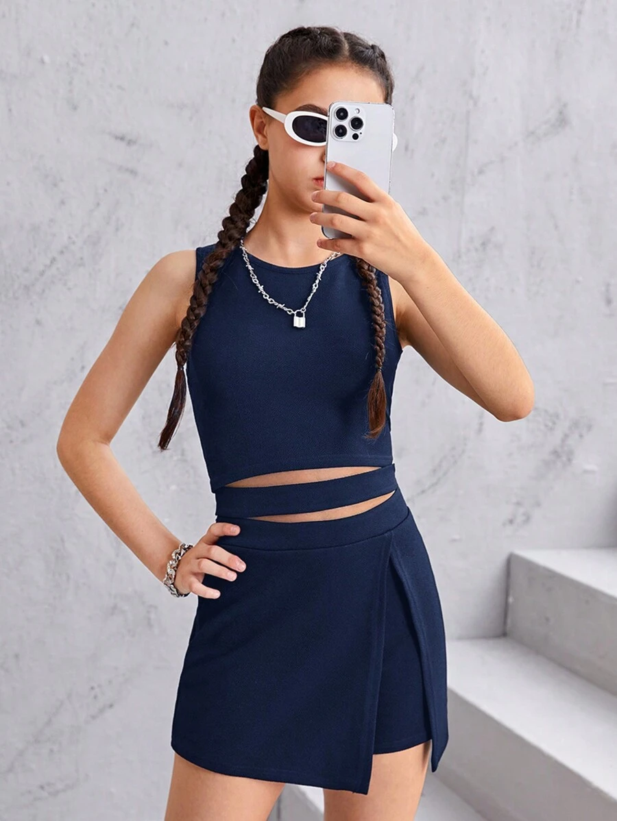 SHEIN Leap Crew Teen Girl Solid Color Top And Wrap Skort Holiday 2pcs/Set - Navy Blue - View 1