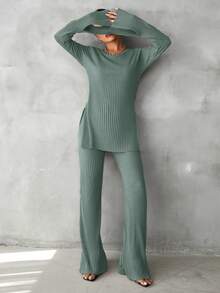 RueChic 針織短袖t恤和褲子套裝,設有分裂袖和鬆緊下擺 - 薄荷綠 - 查看 4