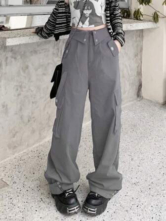 Casual Solid Color Flap Pocket Side Cargo Pants