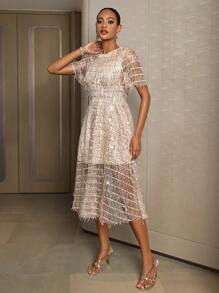 SHEIN Belle Women's Sequin Mesh Short Sleeve Cocktail Party Dress With Patchwork - Apricot - View 3