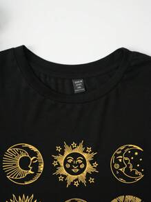 SHEIN Essnce 大尺碼女性太陽臉印花圓領t恤 - 黑色 - 查看 3