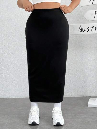 SHEIN EZwear Plus Size Women'S Black Knit Tight-Fit Knee-Length Skirt