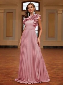 SHEIN Belle Váy dạ hội cho quý cô dự tiệc tối, thiết kế xếp ly một bên vai, váy dự tiệc cưới trang nhã đính hoa 3D thủ công, dự tiệc tốt nghiệp, tiệc tối - Bụi hồng - Xem 4