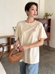 DAZY Cartoon Graphic Round Neck Tee - Beige - View 5