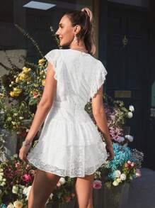 SHEIN LUNE Women's Lace Flounce Trim Cinching Waist Jumpsuit - White - View 2