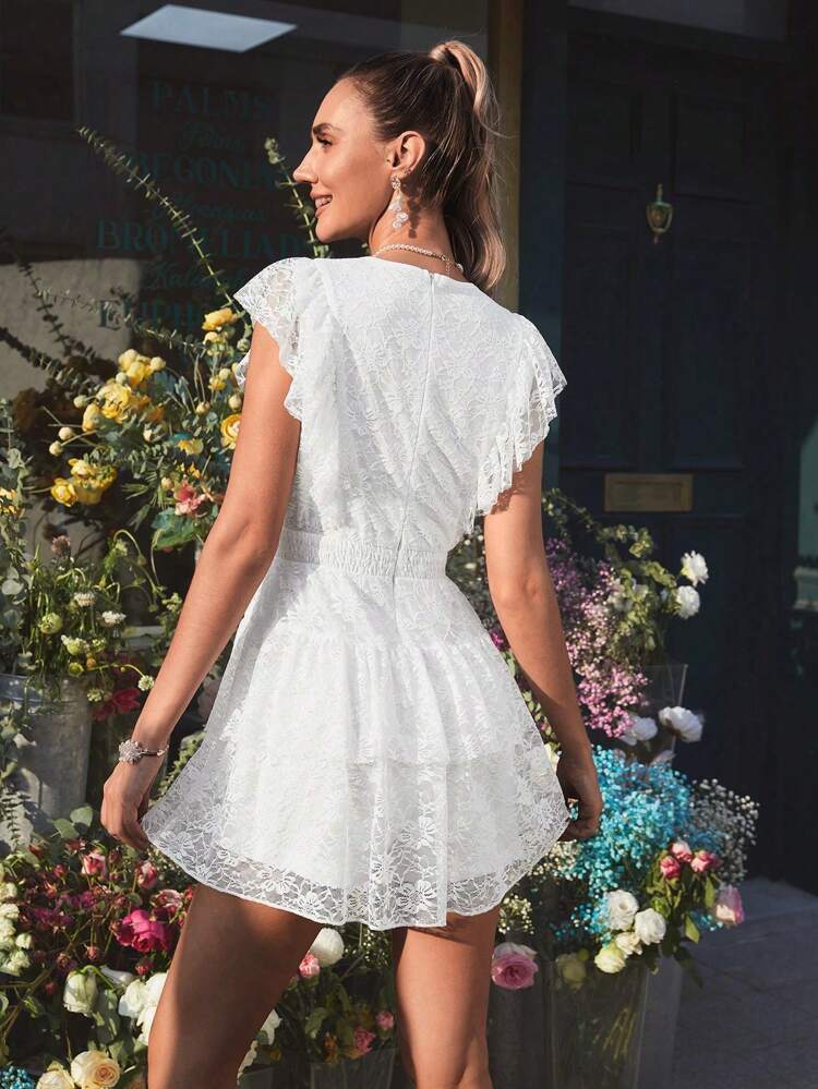 Women's Lace Flounce Trim Cinching Waist Jumpsuit