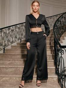 SHEIN Allurite Ensemble De Haut À Manches Lanterne En Dentelle Et Pantalon À Jambes Larges