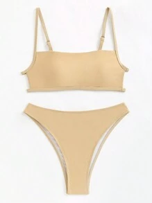 SHEIN Swim Women'S Solid Color Backless Bikini Set Carnival Summer - Khaki - View 1