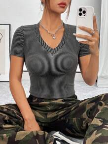 SHEIN Unity Striped Cropped Short Sleeve T-Shirt - Dark Grey - View 6