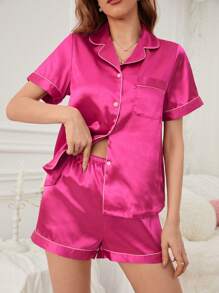 Của phụ nữ Khối màu Bộ mặc nhà - Màu Hồng Tươi - Xem 5