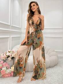 Ladies' Backless Tie Front Tank Top And Pants Pajama Set