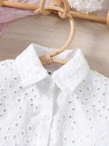 SHEIN Young Girls' Hollow Out Embroidery Loose Short Casual Shirt White Blouse For Kidsblouse White For Kidswhite Blouse For Girlskids White Blouse - White - View 6