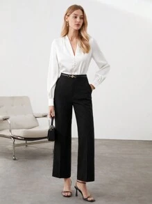 BizChic 女式深 V 领缎面长袖衬衫，商务休闲优雅正式衬衫，秋季 - 白色 - 查看 2