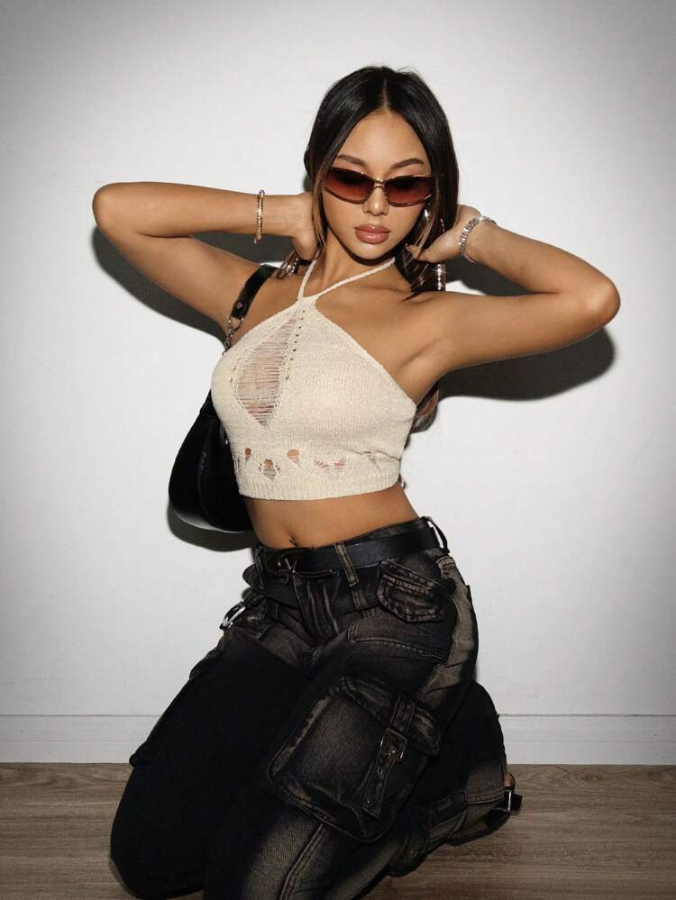 Women's Distressed Halter Neck Knitted Top