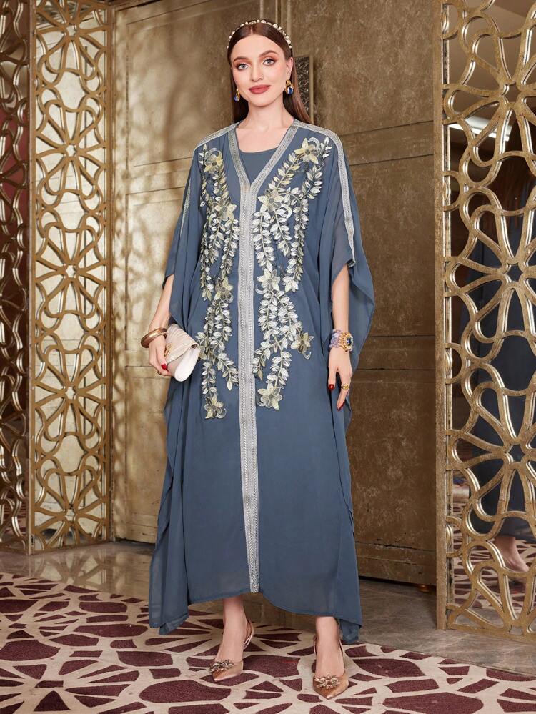 Women'S Turkish Kaftan Dress With Plant Inspired Sticker Decoration, Elegant Luxury Evening Party Style