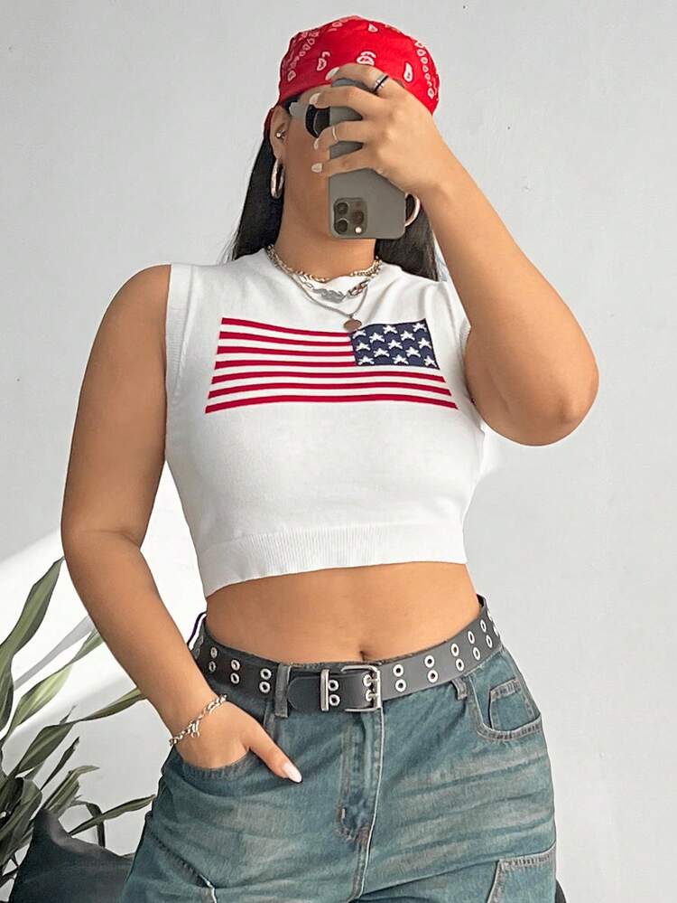 Plus Size Striped Knit Top With Star Pattern