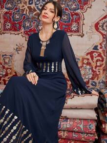 Al Najma Của phụ nữ Tay áo dài Lưới Đầm Với In Hình học Và Gold Foil Chi tiết - Màu xanh hải quân - Xem 1