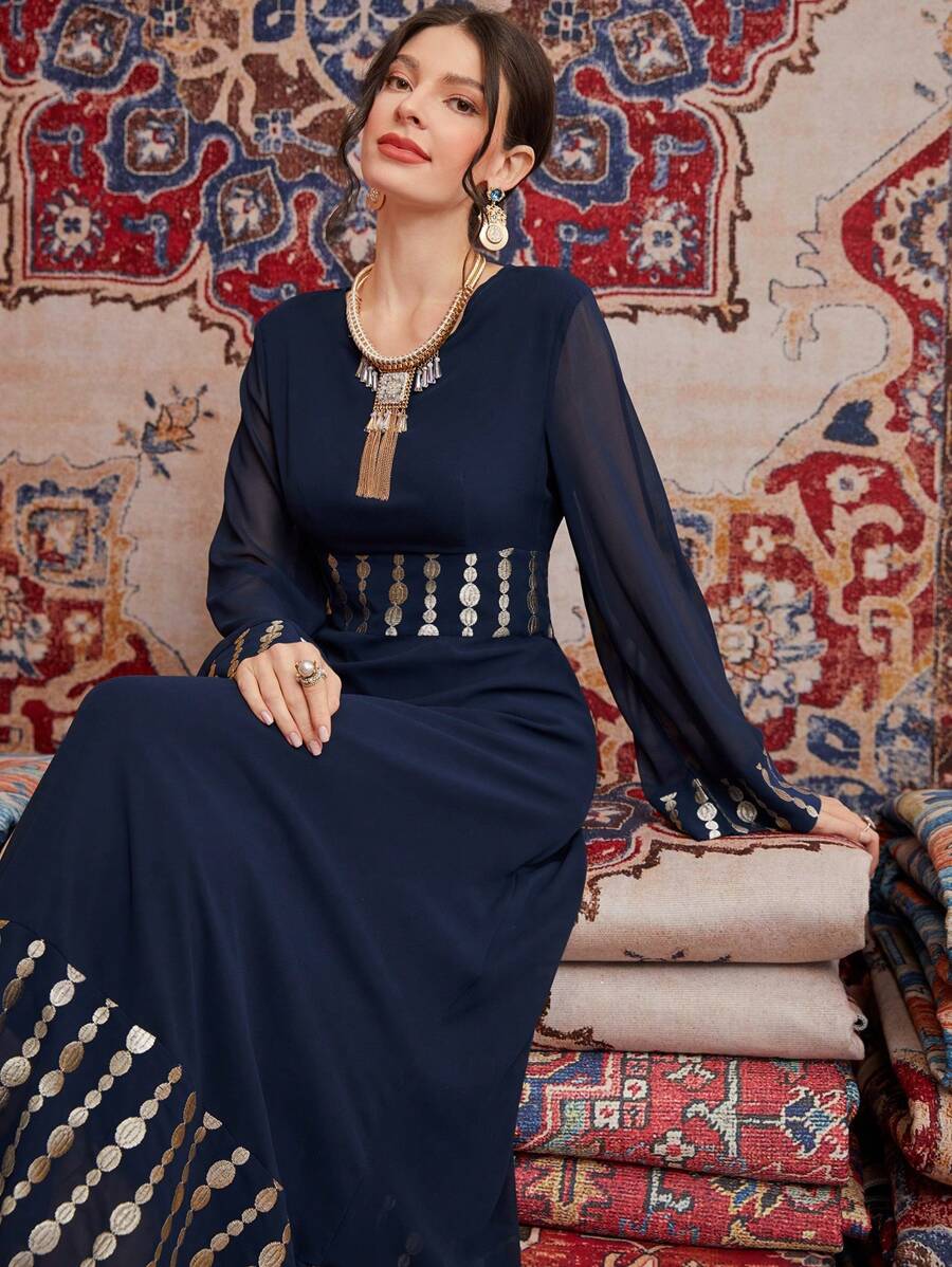 Al Najma Của phụ nữ Tay áo dài Lưới Đầm Với In Hình học Và Gold Foil Chi tiết - Màu xanh hải quân - Xem 1