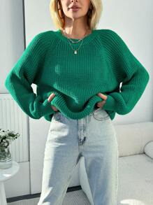 EURMUSE Women's Plus Size Solid Color Raglan Sleeve Sweater Pullover - Green - View 1