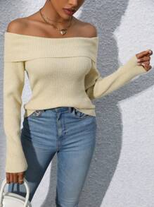 Chiquease Áo len nữ trễ vai, tay dài, dệt kim, thích hợp cho mùa thu đông. - Màu be - Xem 3