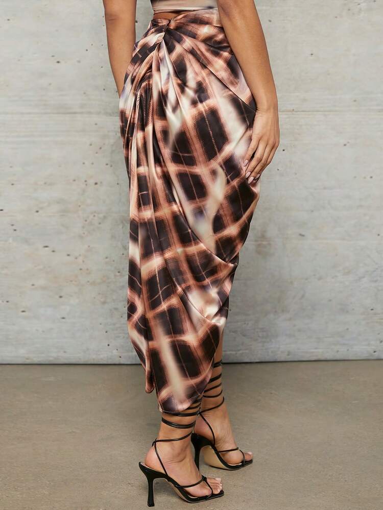 Khaki Check Women's Satin Long Pleated Thigh Slit Skirt