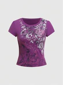 ROMWE Grunge Punk Vintage Grunge Style Valentine's Day Heart & Vine Distressed Print Women's Short Sleeve Slim Fit Waist Cinched T-Shirt, School - Purple - View 1