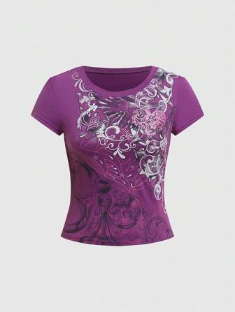 Grunge Punk Vintage Grunge Style Valentine's Day Heart & Vine Distressed Print Women's Short Sleeve Slim Fit Waist Cinched T-Shirt, School