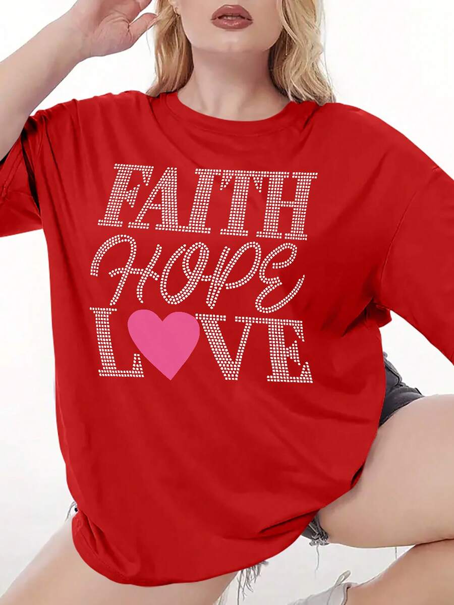 Flirla 字樣和心形圖案的大尺碼圓領t恤 - 紅色 - 查看 1
